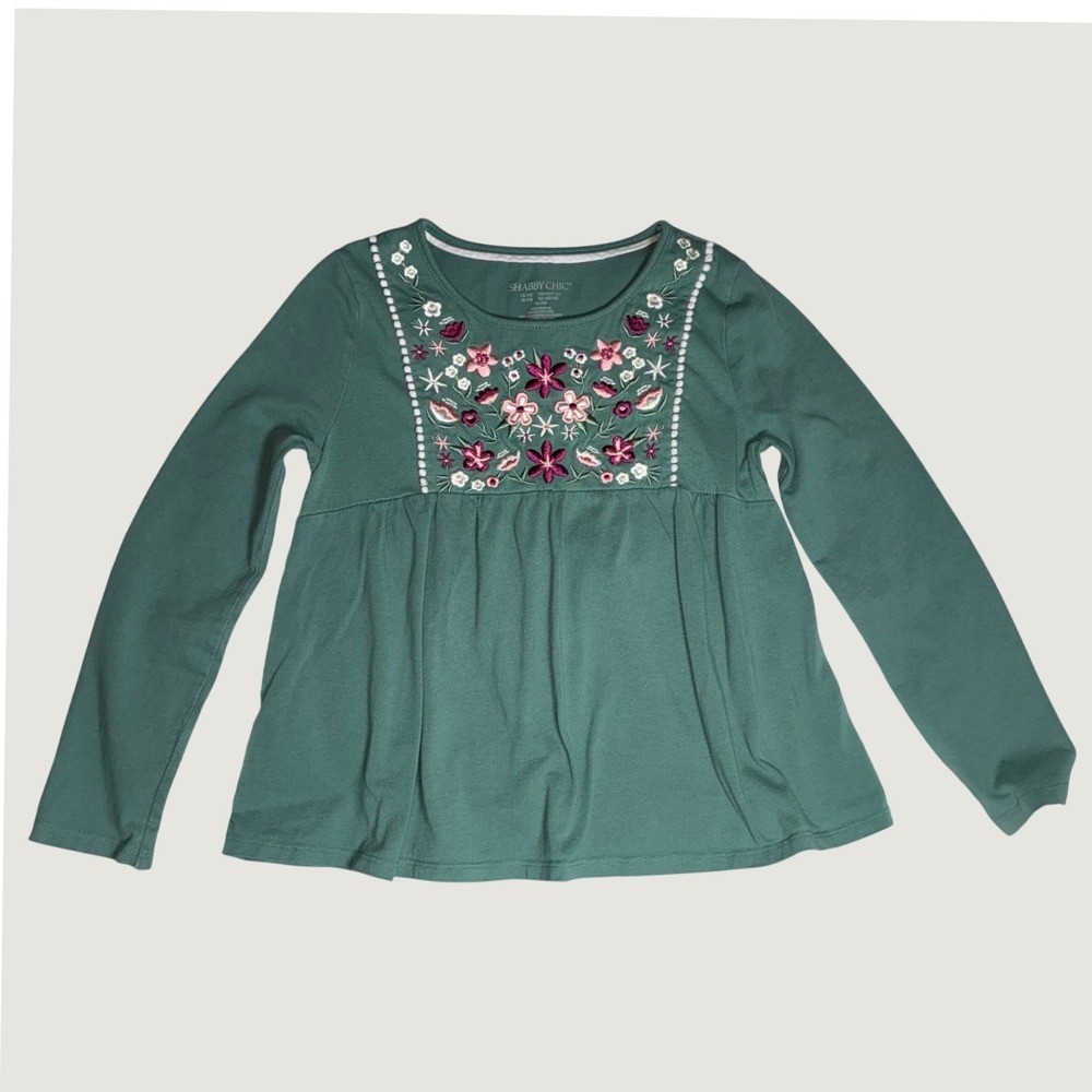 Shabby Chic Girls Green Floral Embroidered LS Peplum‎ Top Size 7/8 Boho Blouse
